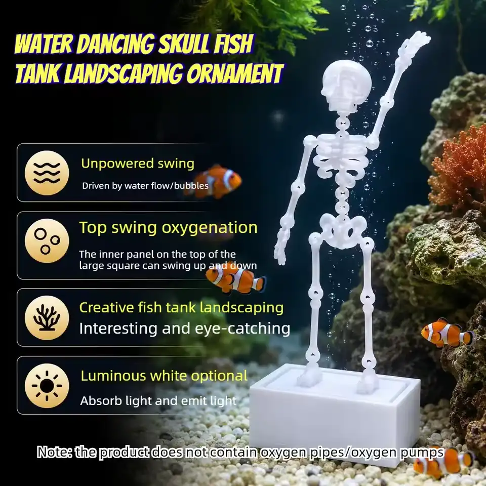 Fish Tank Dancing Rocking Skull Ornament Movable Skeleton Decor for Aquarium Landscaping Oxygen
